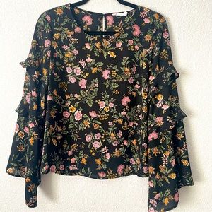 Nordstrom LUSH Black TOP Boho Peasant Floral Ruffle Long Sleeve Blouse Medium
